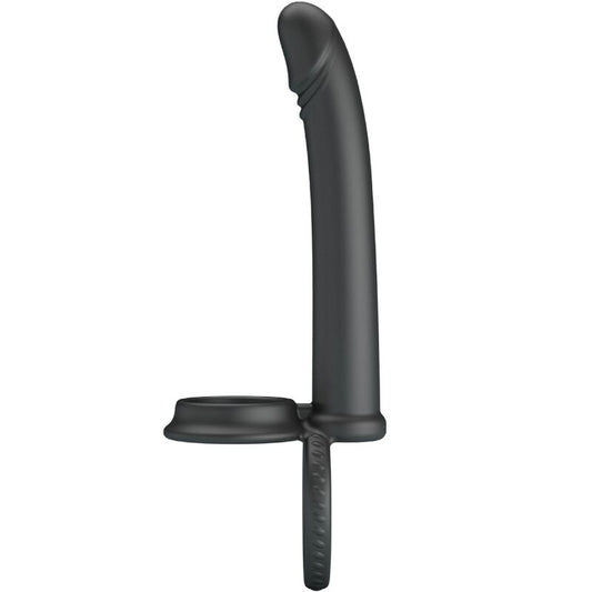 PRETTY LOVE DILLION Anel Duplo Peniano Vibratório Dupla Penetração Preto, feito de silicone macio e com pontas vibratórias para casais.