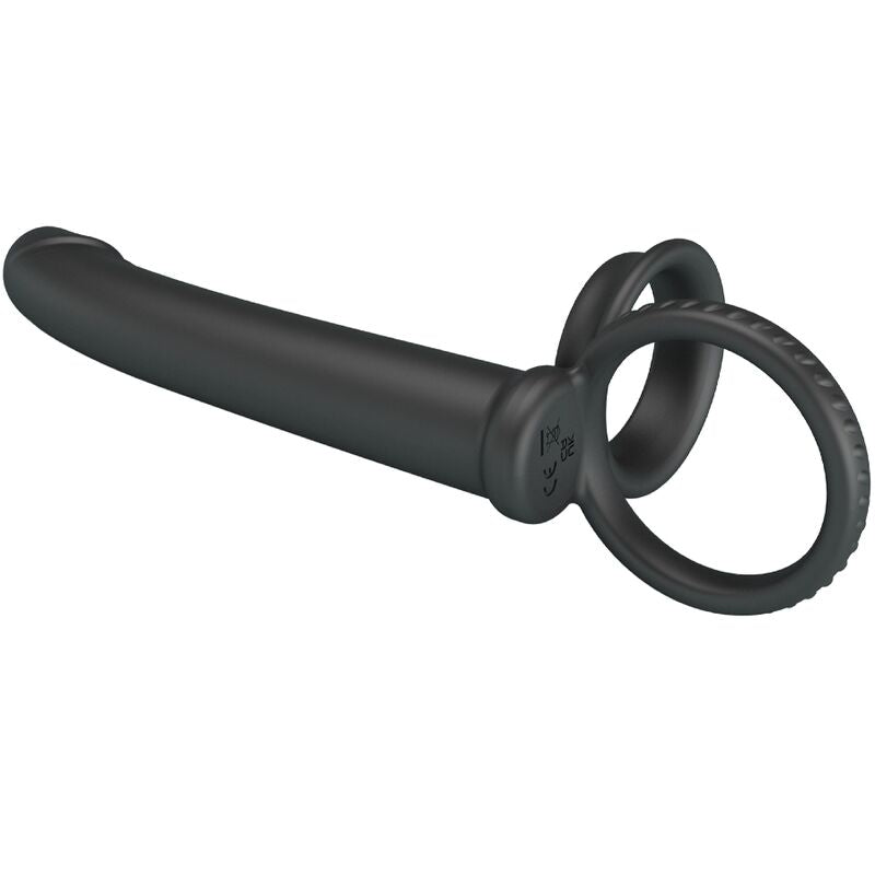 PRETTY LOVE DILLION Anel Duplo Peniano Vibratório Dupla Penetração Preto, feito de silicone macio e com pontas vibratórias para casais.