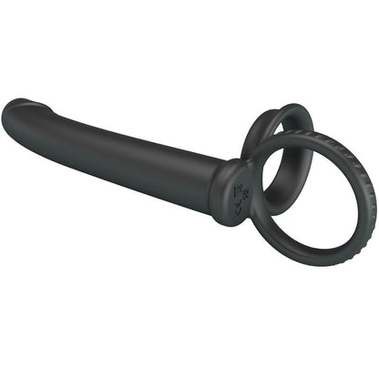 PRETTY LOVE DILLION Anel Duplo Peniano Vibratório Dupla Penetração Preto, feito de silicone macio e com pontas vibratórias para casais.