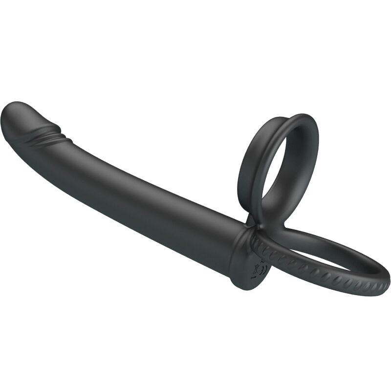 PRETTY LOVE DILLION Anel Duplo Peniano Vibratório Dupla Penetração Preto, feito de silicone macio e com pontas vibratórias para casais.