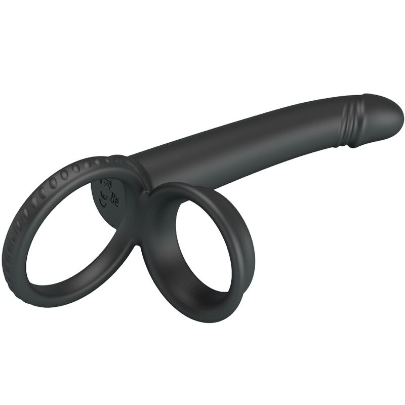 PRETTY LOVE DILLION Anel Duplo Peniano Vibratório Dupla Penetração Preto, feito de silicone macio e com pontas vibratórias para casais.