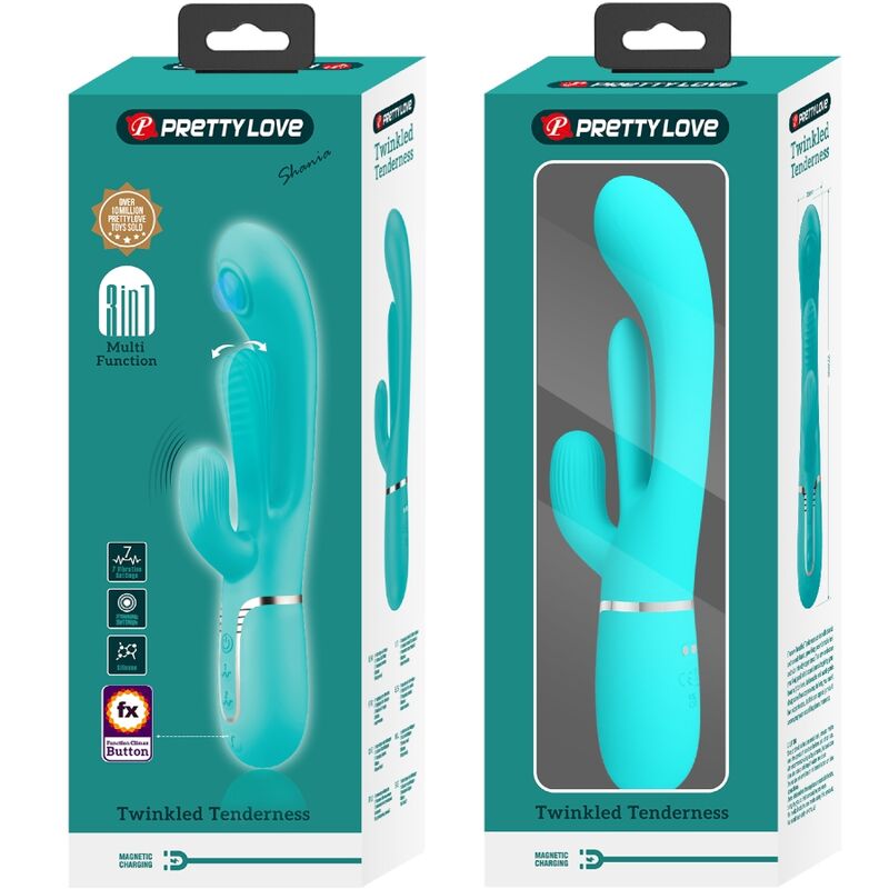 PRETTY LOVE Vibrador Triple Rabbit Multifuncional 3 em 1 Azul mostrando o design ergonómico e as texturas.
