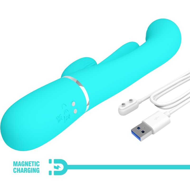 PRETTY LOVE Vibrador Triple Rabbit Multifuncional 3 em 1 Azul mostrando o design ergonómico e as texturas.