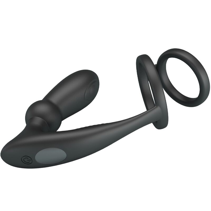 PRETTY LOVE Anel Peniano e Plug Anal Vibratório 12 Vibrações Preto, mostrando design em silicone.
