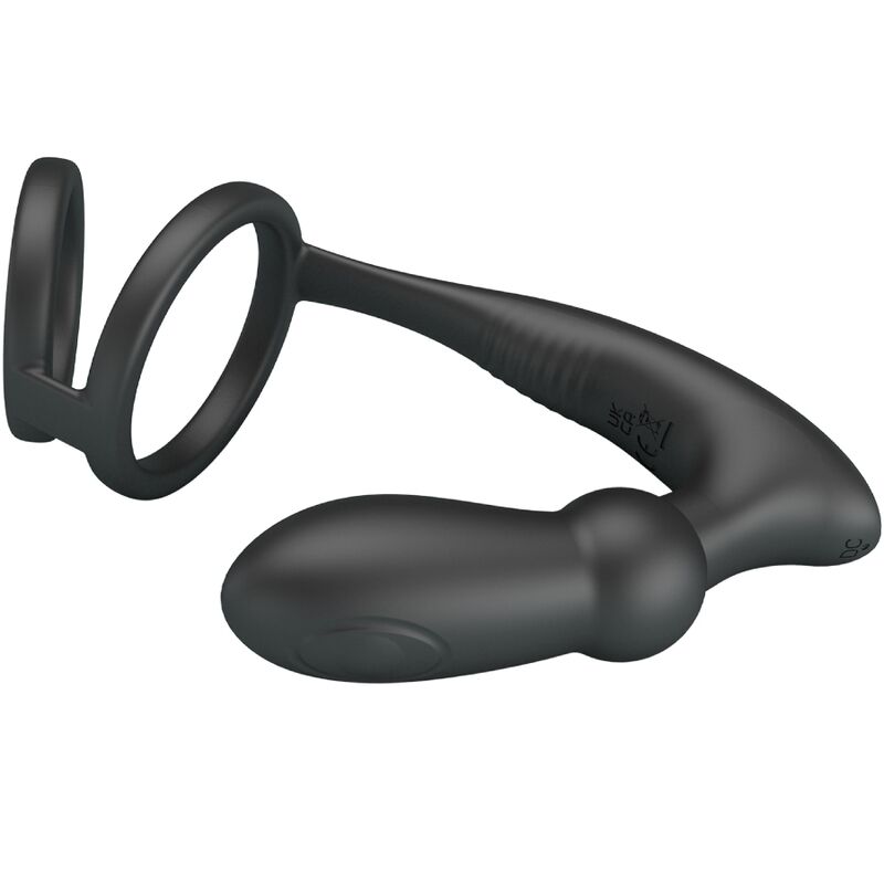 PRETTY LOVE Anel Peniano e Plug Anal Vibratório 12 Vibrações Preto, mostrando design em silicone.