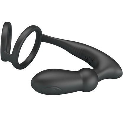 PRETTY LOVE Anel Peniano e Plug Anal Vibratório 12 Vibrações Preto, mostrando design em silicone.