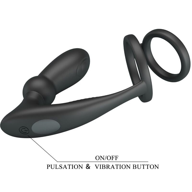 PRETTY LOVE Anel Peniano e Plug Anal Vibratório 12 Vibrações Preto, mostrando design em silicone.