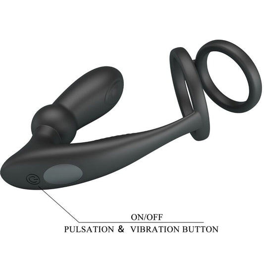 PRETTY LOVE Anel Peniano e Plug Anal Vibratório 12 Vibrações Preto, mostrando design em silicone.