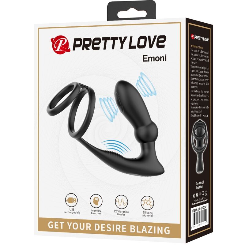 PRETTY LOVE Anel Peniano e Plug Anal Vibratório 12 Vibrações Preto, mostrando design em silicone.
