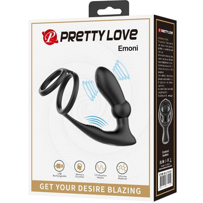 PRETTY LOVE Anel Peniano e Plug Anal Vibratório 12 Vibrações Preto, mostrando design em silicone.