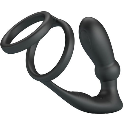 PRETTY LOVE Anel Peniano e Plug Anal Vibratório 12 Vibrações Preto, mostrando design em silicone.