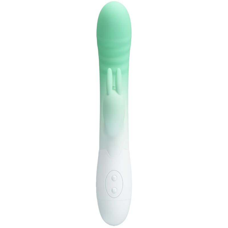 PRETTY LOVE Vibrador Rabbit Cerberus Verde, detalhe do design ergonómico e estimulador clitoriano.