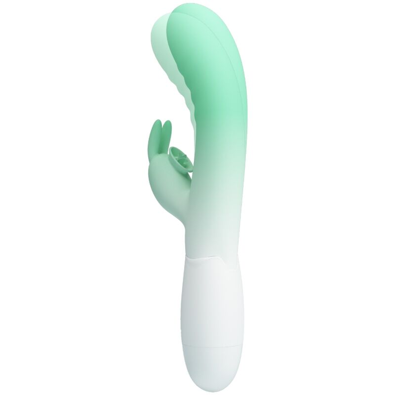 PRETTY LOVE Vibrador Rabbit Cerberus Verde, detalhe do design ergonómico e estimulador clitoriano.