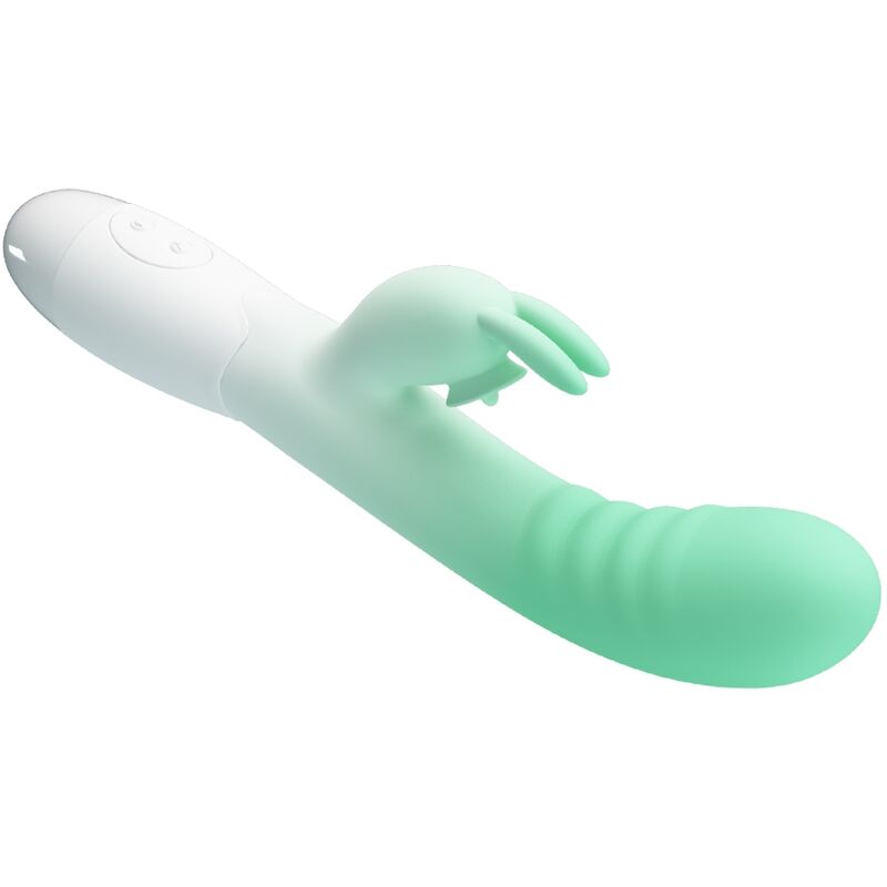 PRETTY LOVE Vibrador Rabbit Cerberus Verde, detalhe do design ergonómico e estimulador clitoriano.