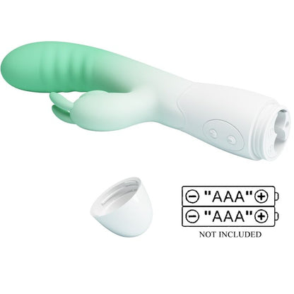 PRETTY LOVE Vibrador Rabbit Cerberus Verde, detalhe do design ergonómico e estimulador clitoriano.