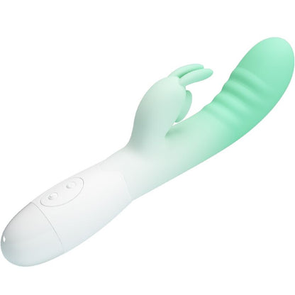 PRETTY LOVE Vibrador Rabbit Cerberus Verde, detalhe do design ergonómico e estimulador clitoriano.