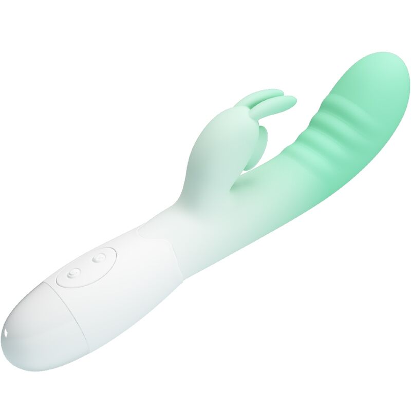 PRETTY LOVE Vibrador Rabbit Cerberus Verde, detalhe do design ergonómico e estimulador clitoriano.