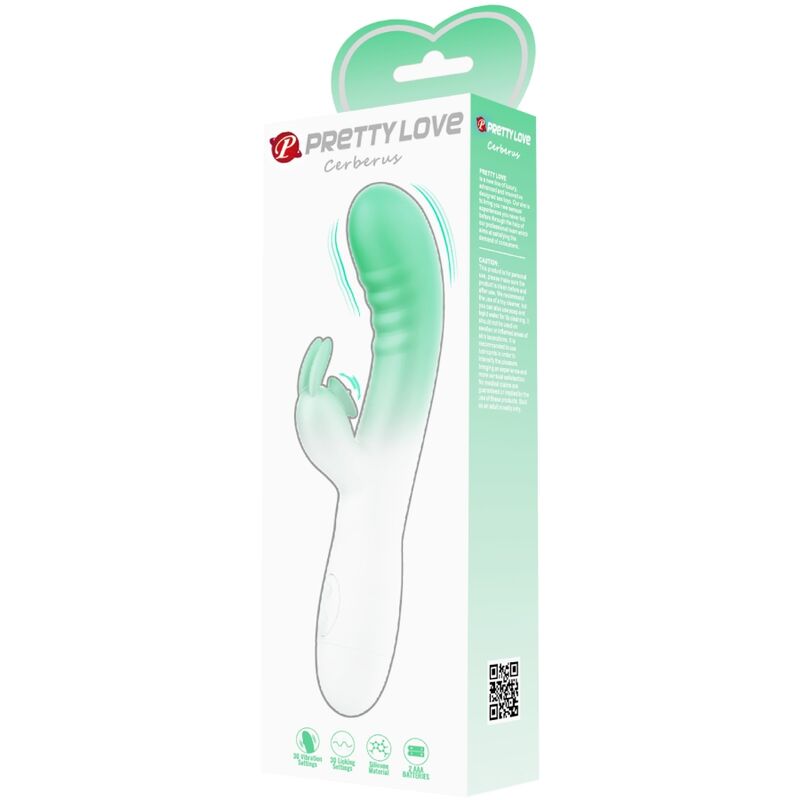 PRETTY LOVE Vibrador Rabbit Cerberus Verde, detalhe do design ergonómico e estimulador clitoriano.