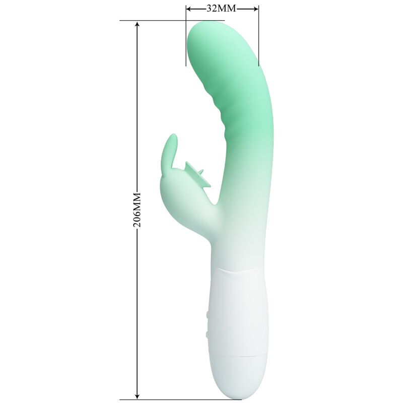 PRETTY LOVE Vibrador Rabbit Cerberus Verde, detalhe do design ergonómico e estimulador clitoriano.