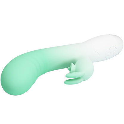 PRETTY LOVE Vibrador Rabbit Cerberus Verde, detalhe do design ergonómico e estimulador clitoriano.