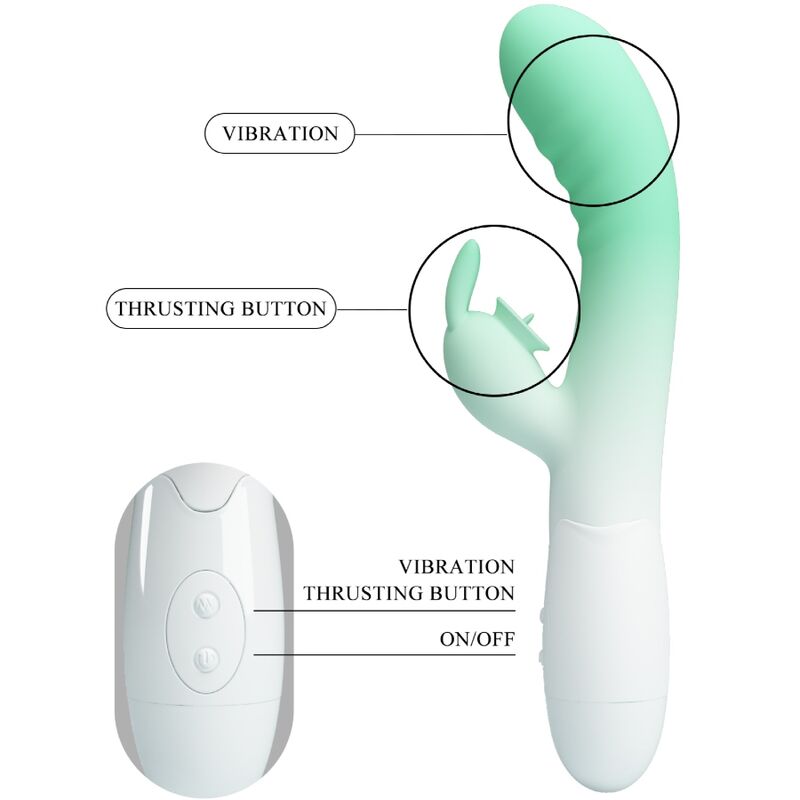 PRETTY LOVE Vibrador Rabbit Cerberus Verde, detalhe do design ergonómico e estimulador clitoriano.
