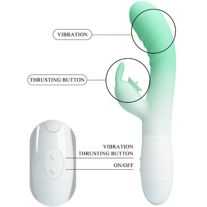 PRETTY LOVE Vibrador Rabbit Cerberus Verde, detalhe do design ergonómico e estimulador clitoriano.
