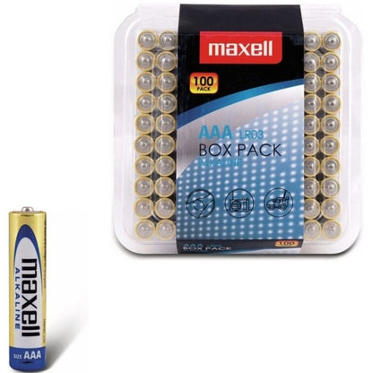 Pack de 100 Pilhas Alcalinas AAA MAXELL LR03 para dispositivos eletrónicos.