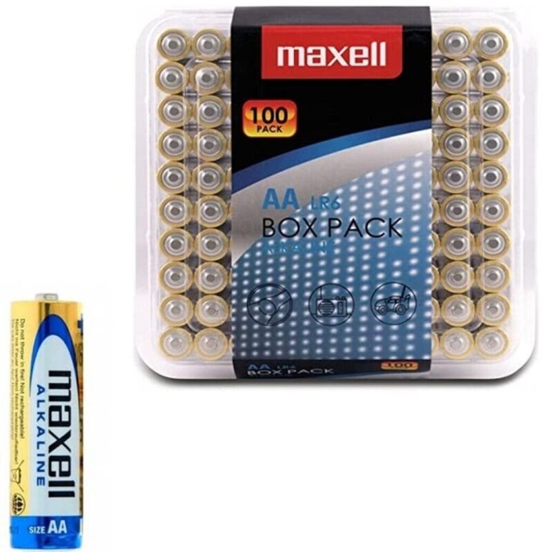 Pack de 100 Pilhas AA Alcalinas MAXELL LR6 para alimentação de dispositivos eletrónicos e brinquedos sexuais.