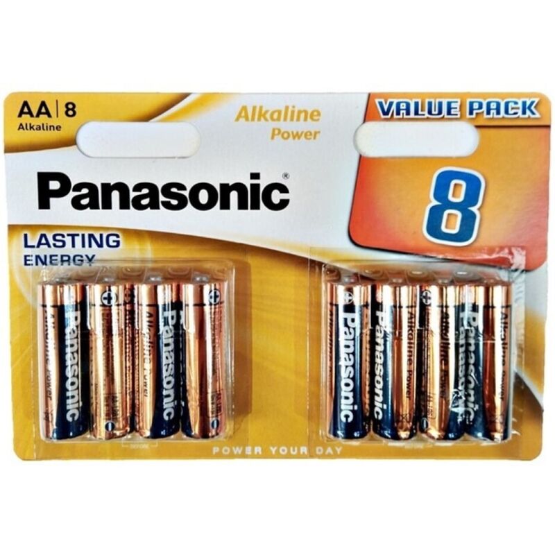 Blister de pilhas alcalinas PANASONIC AA LR6, mostrando as 8 unidades e a embalagem.