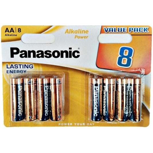 Blister de pilhas alcalinas PANASONIC AA LR6, mostrando as 8 unidades e a embalagem.