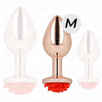 Close-up do Plug Anal KINK Metálico Ouro Rosa com Rosa Vermelha M, destacando seu design elegante e material.