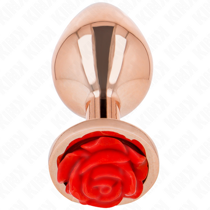 Close-up do Plug Anal KINK Metálico Ouro Rosa com Rosa Vermelha M, destacando seu design elegante e material.