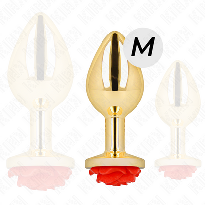 Plug anal metálico KINK com decoração de rosa vermelha, mostrando seu design e material