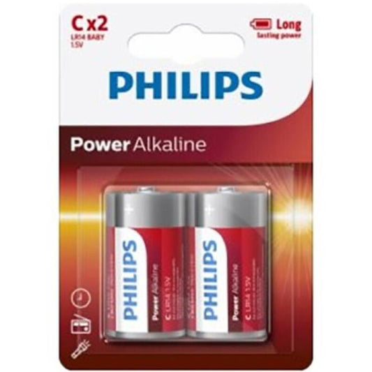 Blister de 2 Pilhas Alcalinas PHILIPS C LR14 para uso geral e longa duração.