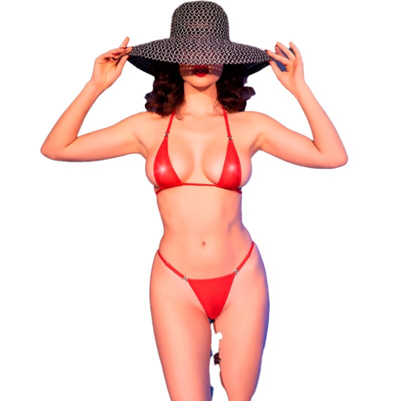 Micro Biquíni Vermelho CHILIROSE S/M com detalhes de joias e tule transparente