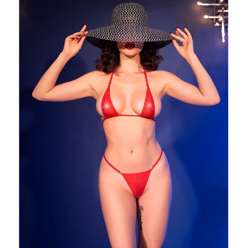 Micro Biquíni Vermelho CHILIROSE S/M com detalhes de joias e tule transparente