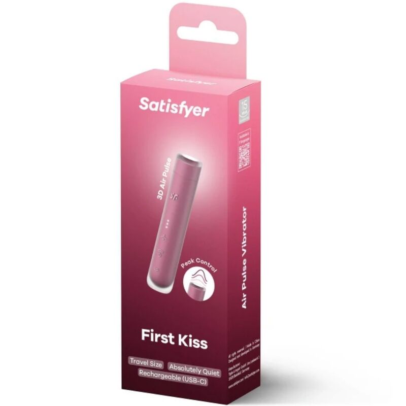 Close-up do estimulador de clitóris Satisfyer First Kiss Wave Air Garnet, destacando seu design discreto e porta USB-C.