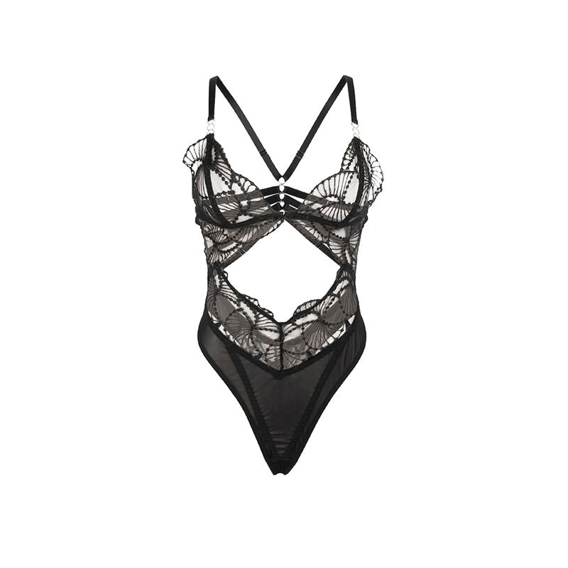 Body transparente com renda preta oca S/M da SUBBLIME, destacando o design sensual e elegante.