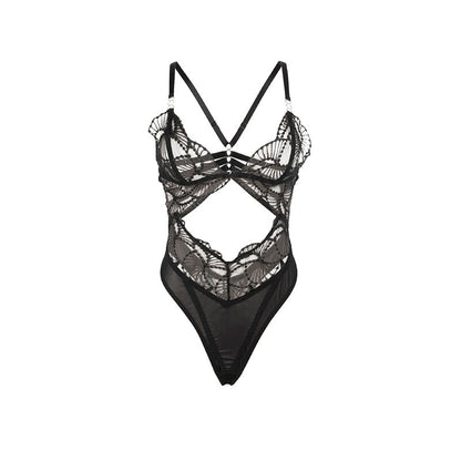 Body transparente com renda preta oca S/M da SUBBLIME, destacando o design sensual e elegante.