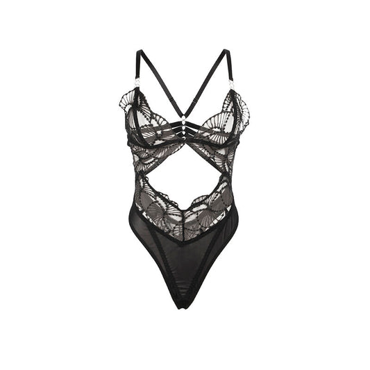 Body transparente com renda preta oca S/M da SUBBLIME, destacando o design sensual e elegante.