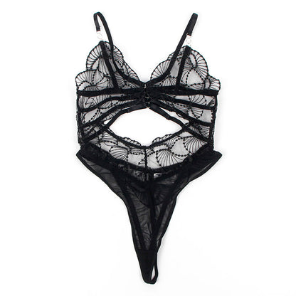 Body transparente com renda preta oca S/M da SUBBLIME, destacando o design sensual e elegante.