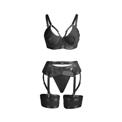Conjunto de lingerie bondage preto SUBBLIME com sutiã e cinta-liga, destacando o design sensual e materiais de alta qualidade.