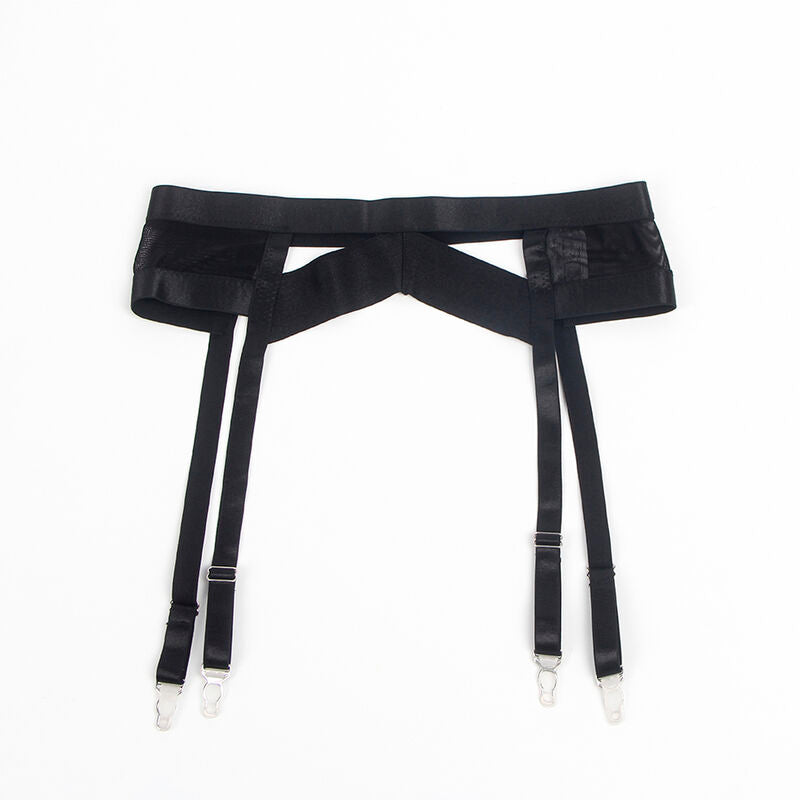 Conjunto de lingerie bondage preto SUBBLIME com sutiã e cinta-liga, destacando o design sensual e materiais de alta qualidade.