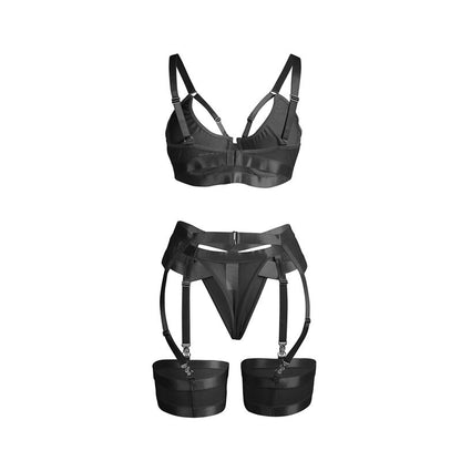 Conjunto de lingerie bondage preto SUBBLIME com sutiã e cinta-liga, destacando o design sensual e materiais de alta qualidade.