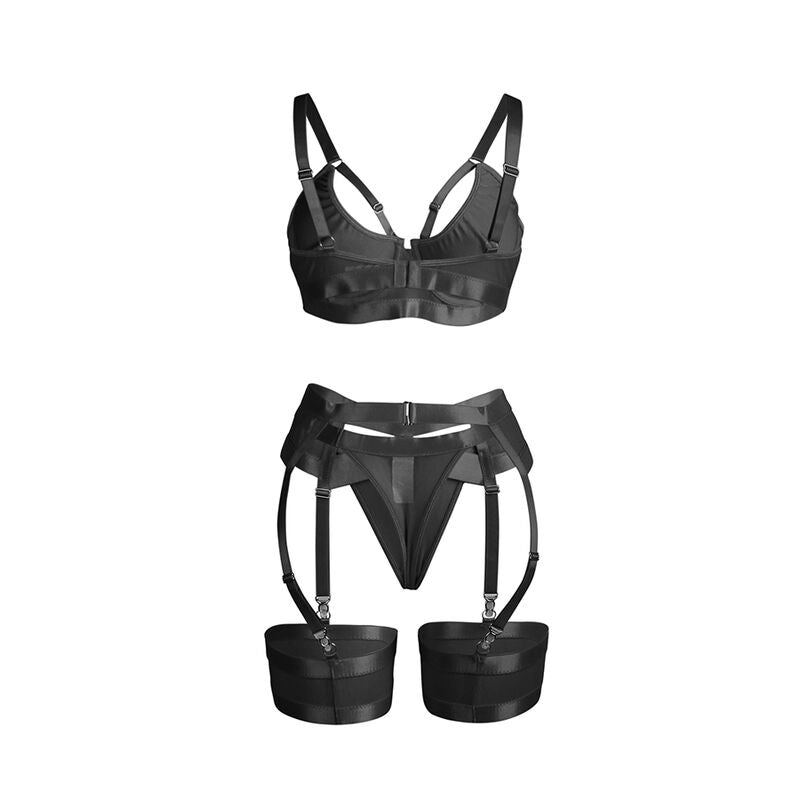 Conjunto de lingerie bondage preto SUBBLIME com sutiã e cinta-liga, destacando o design sensual e materiais de alta qualidade.