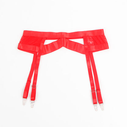 SUBBLIME Conjunto Lingerie Estilo Bondage Vermelho com Liga em detalhe, mostrando o tecido e design sensual.