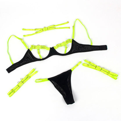 Conjunto de Lingerie SUBBLIME Verde Fluorescente com sutiã, colar e detalhes para as pernas