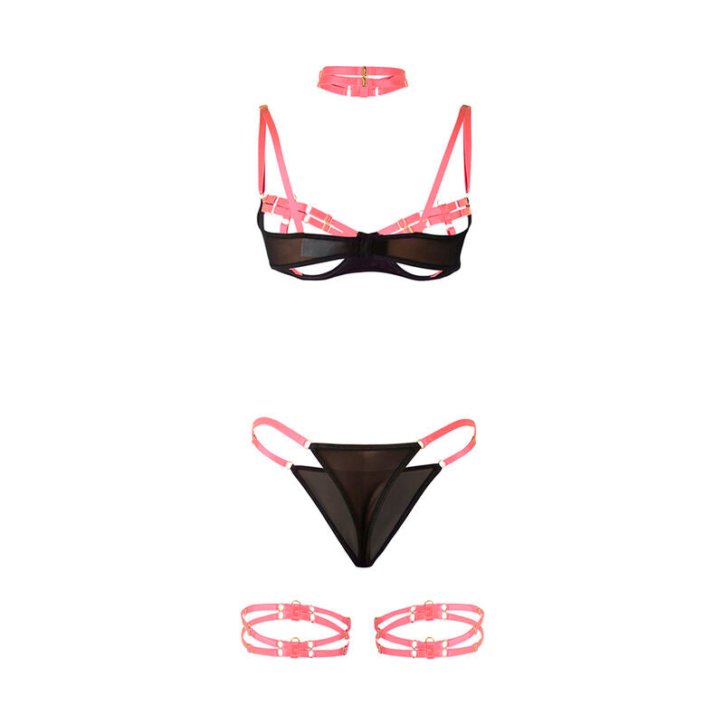 Close-up of the SUBBLIME Conjunto Lingerie Rosa Fluorescente with collar and leg details, showing its sensual design and vibrant color.