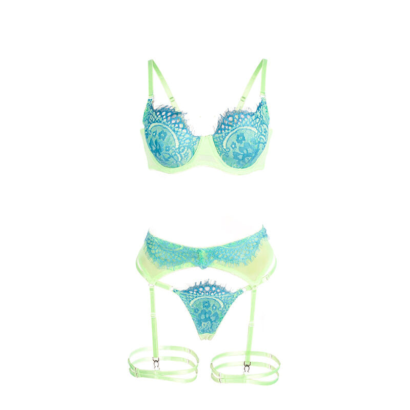 SUBBLIME Conjunto de Sutiã Renda e Liga Verde e Azul L/XL, mostrando detalhes da renda e design moderno.