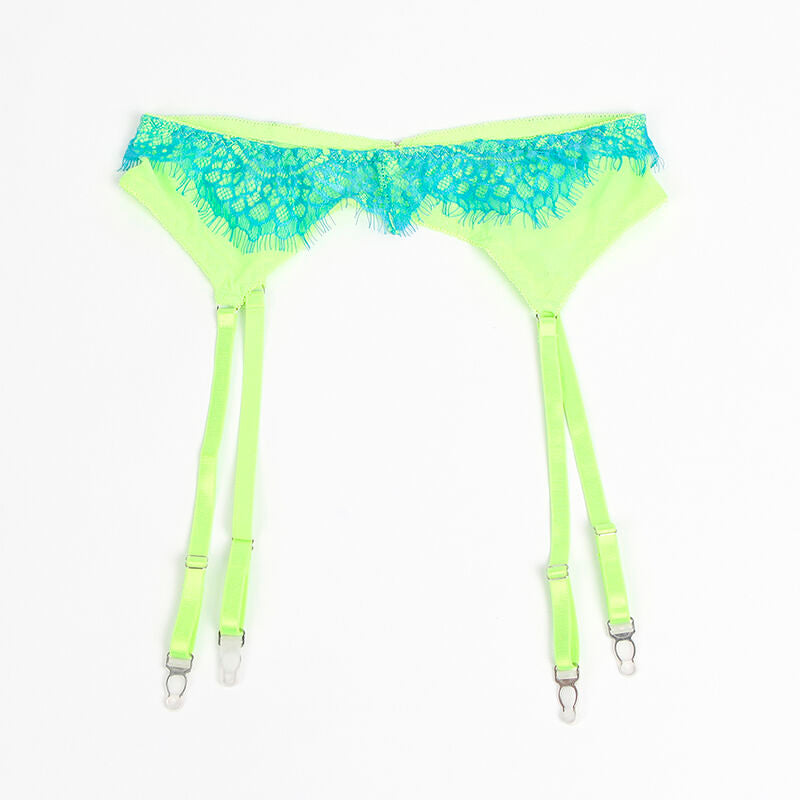 SUBBLIME Conjunto de Sutiã Renda e Liga Verde e Azul L/XL, mostrando detalhes da renda e design moderno.